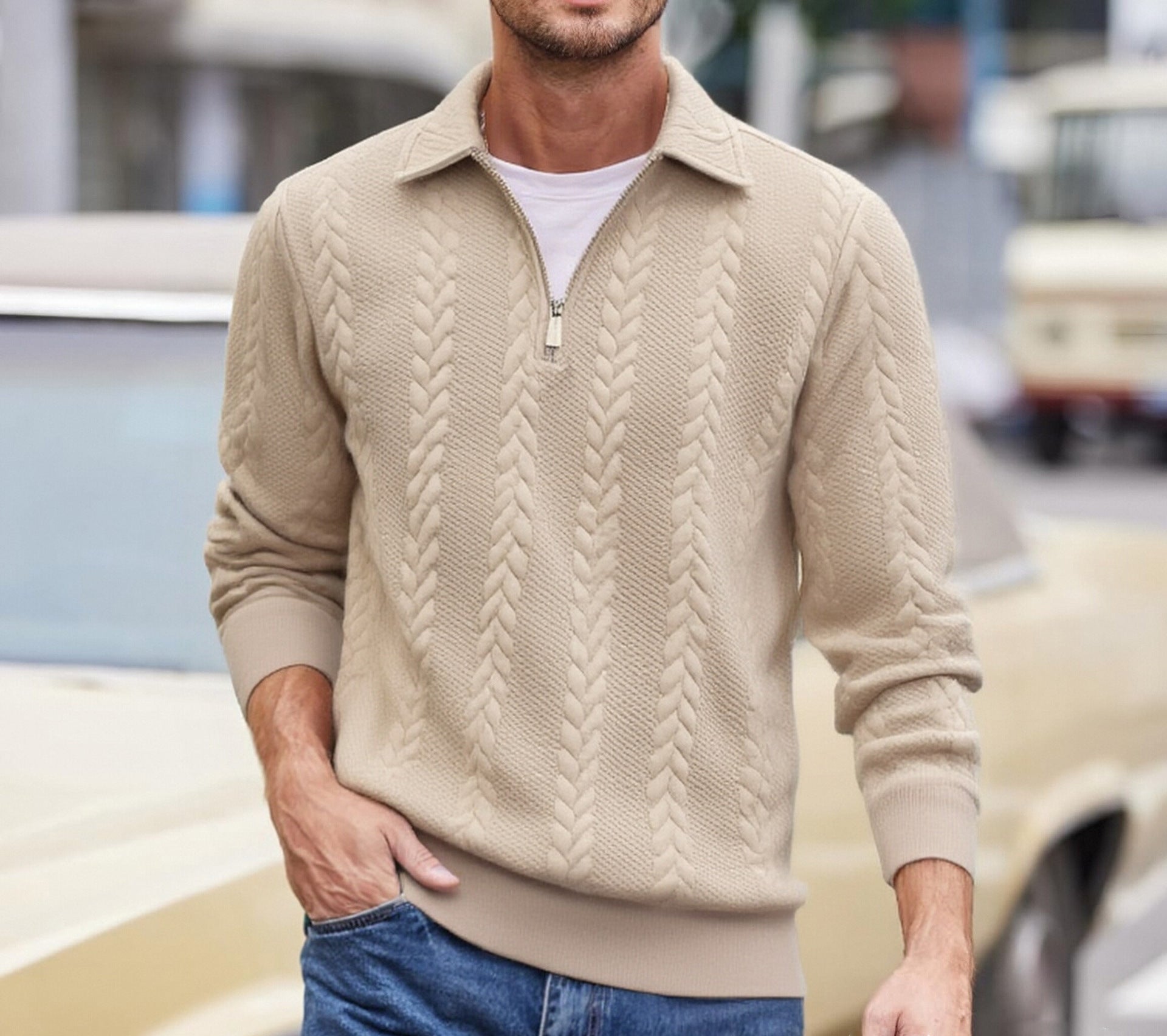 Men's Casual Solid Color Khaki Long Sleeve Hoodie In Polyester Fabric
