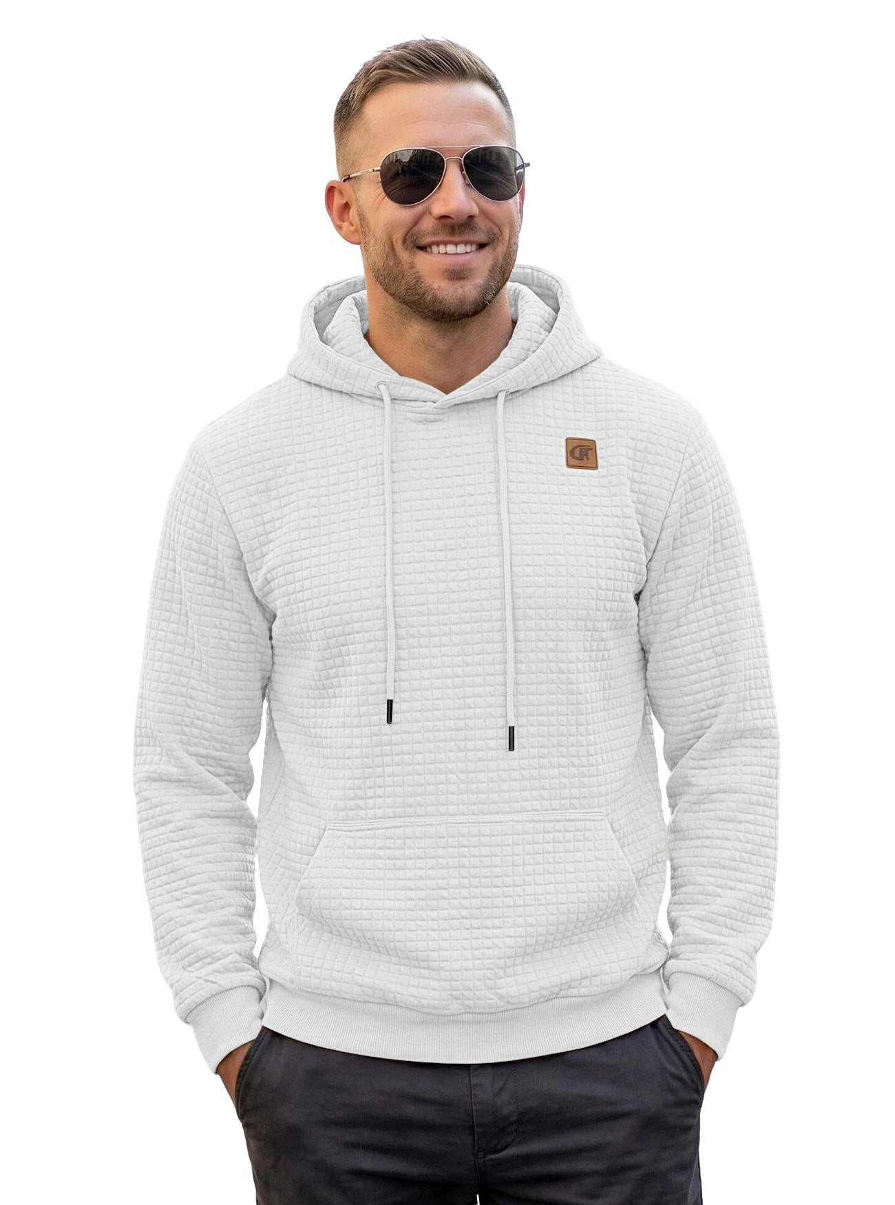 Men's Casual Gingham Long Sleeve Hoodie In White Polyester Fabric