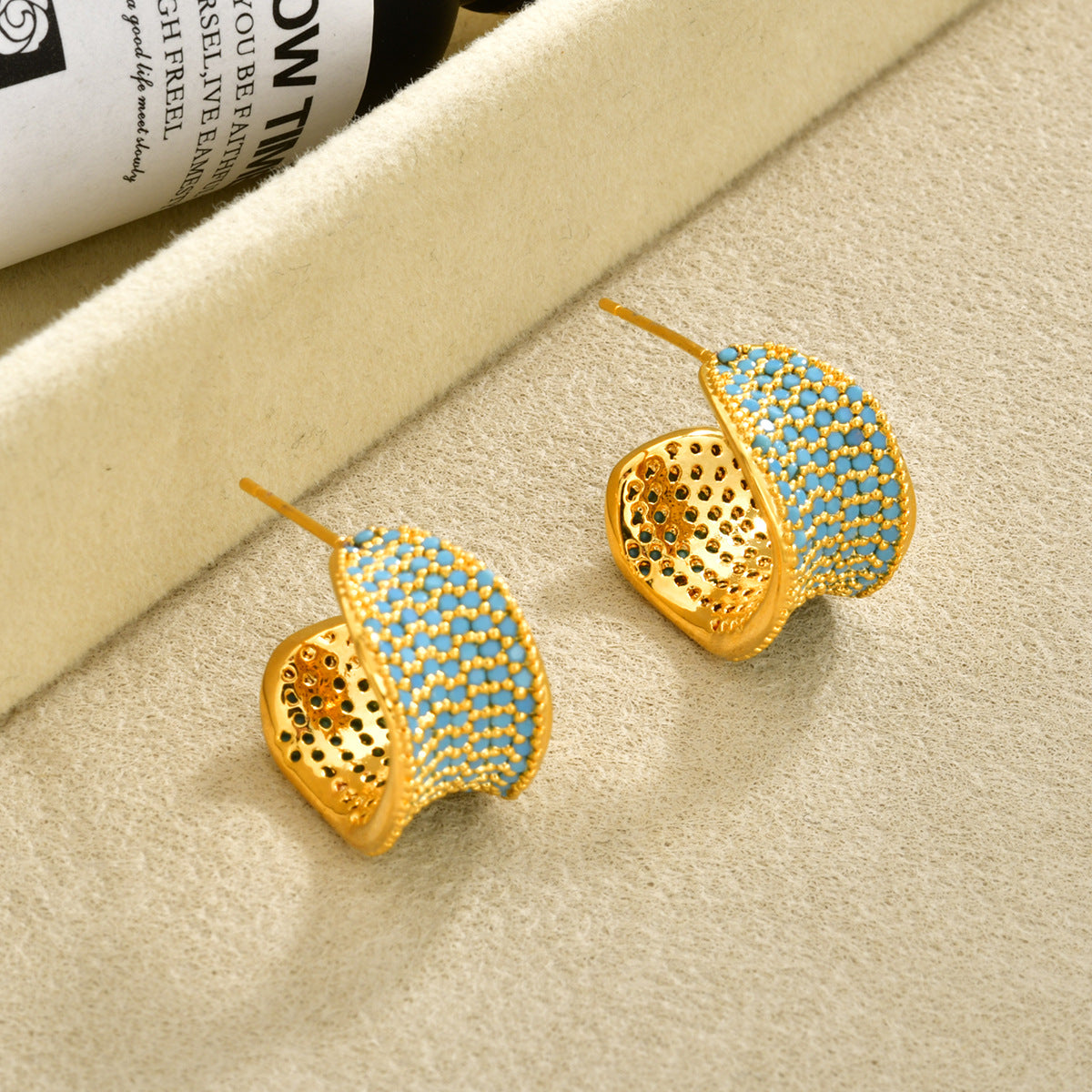 C Shape Stud Earrings For Women Featuring 18K Real Gold Plated Copper With Zircon Inlay In Gold