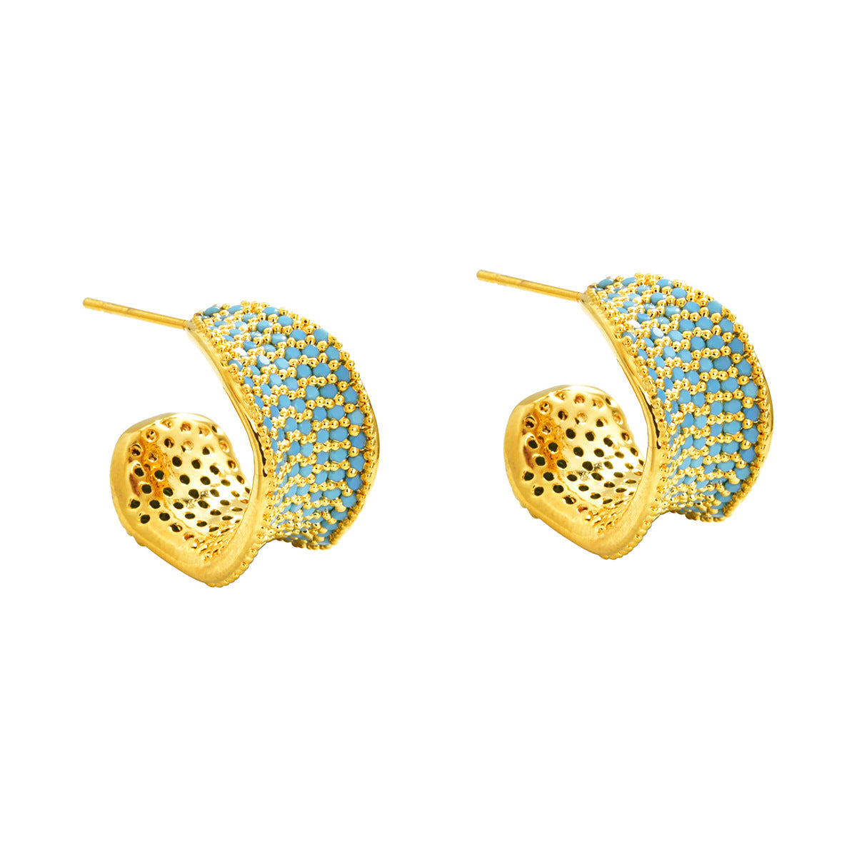 C Shape Stud Earrings For Women Featuring 18K Real Gold Plated Copper With Zircon Inlay In Gold