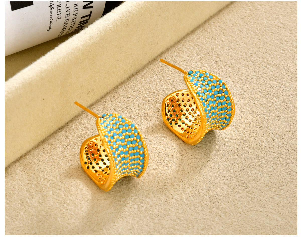 C Shape Stud Earrings For Women Featuring 18K Real Gold Plated Copper With Zircon Inlay In Gold