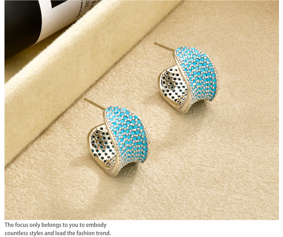 C Shape Stud Earrings For Women Featuring 18K Real Gold Plated Copper With Zircon Inlay In Gold