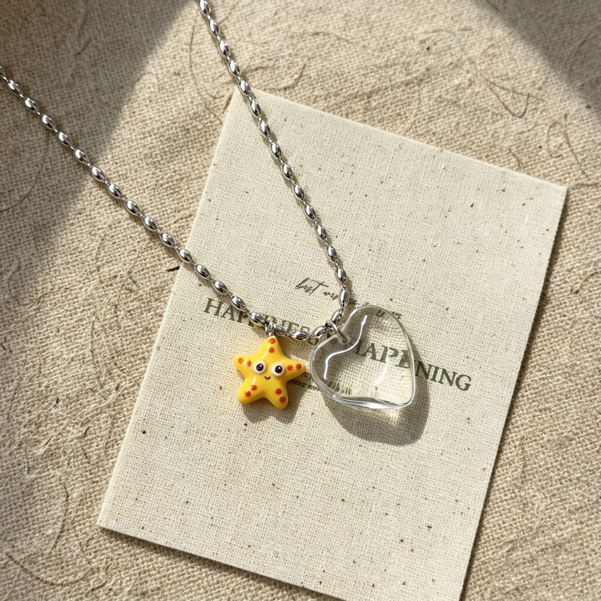 Cute Heart Shape Necklace With Titanium Steel Chain And Artificial Crystal Pendant For Adults