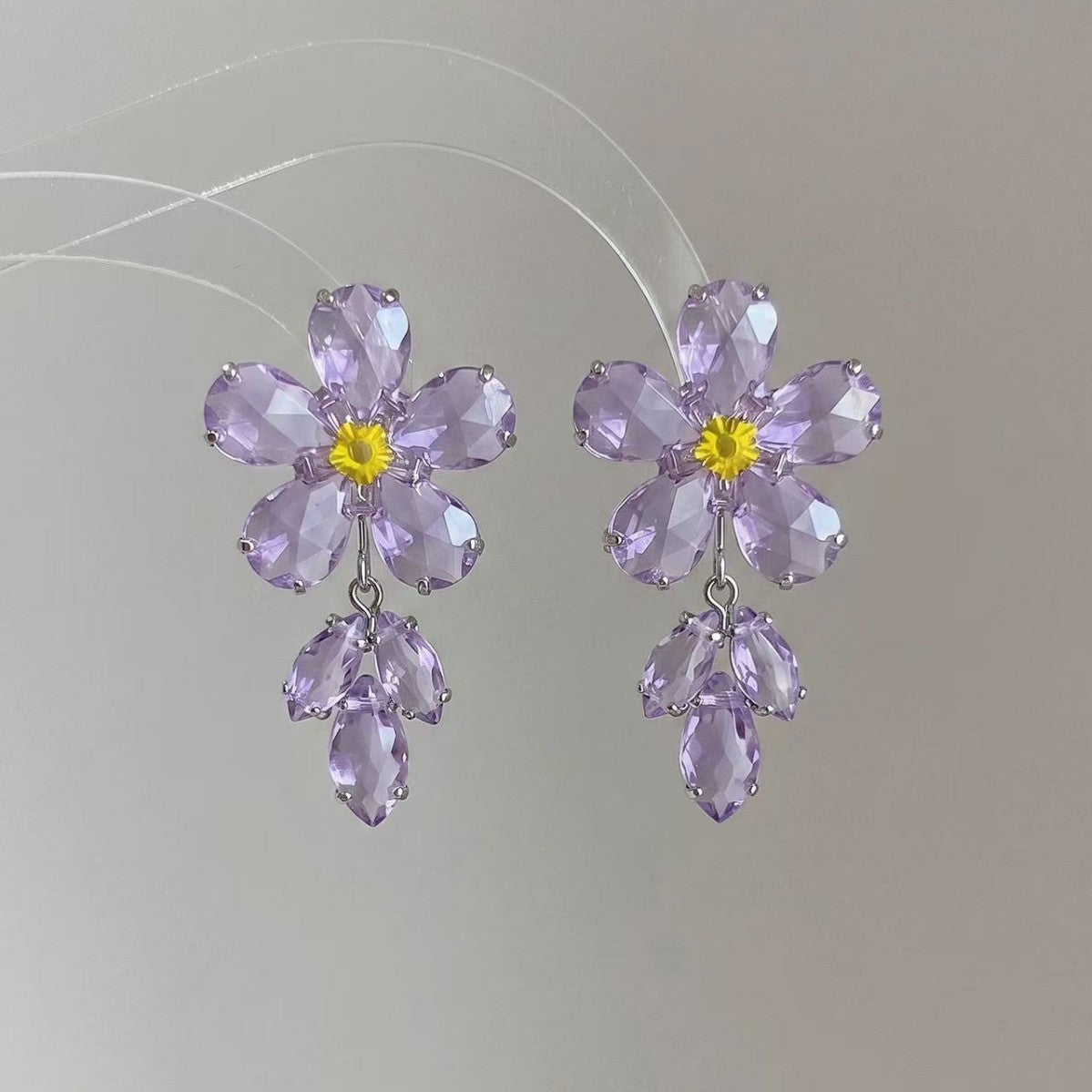 Elaborate Purple Flowers Earrings For Women With Rhinestones In Sweet Style, Made Of Zinc Alloy