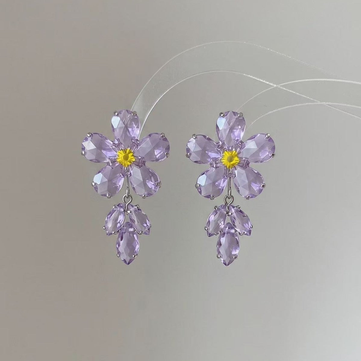 Elaborate Purple Flowers Earrings For Women With Rhinestones In Sweet Style, Made Of Zinc Alloy