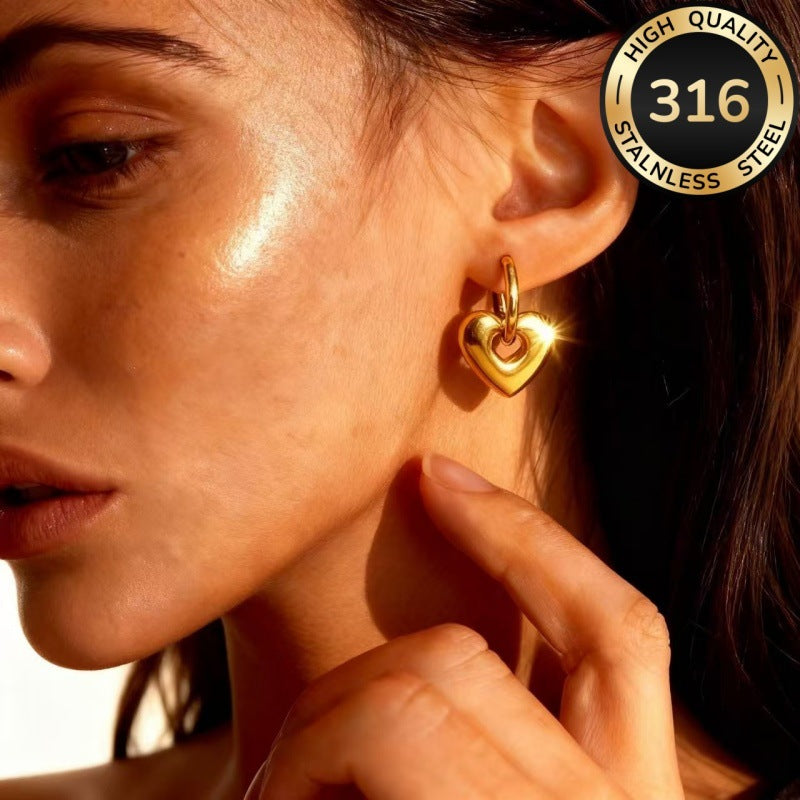 Heart Shape Stud Earrings For Women In Gold Featuring Electroplated Finish With 316 Stainless Steel Posts