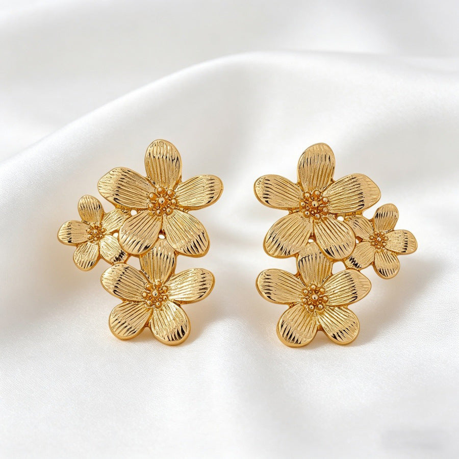 Exaggerated Flowers Tassel Earrings For Women With 304 Stainless Steel Studs And Electroplated Alloy Design