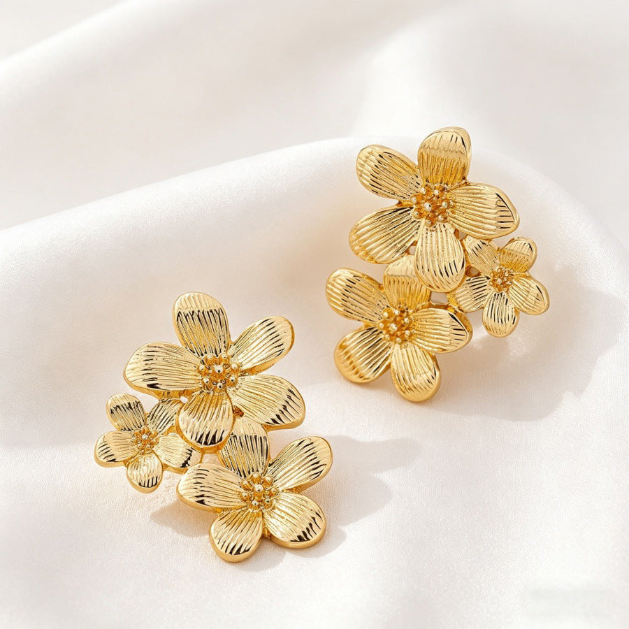 Exaggerated Flowers Tassel Earrings For Women With 304 Stainless Steel Studs And Electroplated Alloy Design