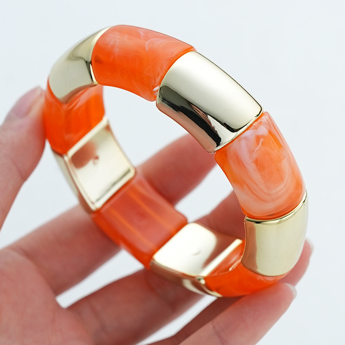 Bohemian Light Green Acrylic Bamboo Tube Bangle With Electroplated Splicing Design