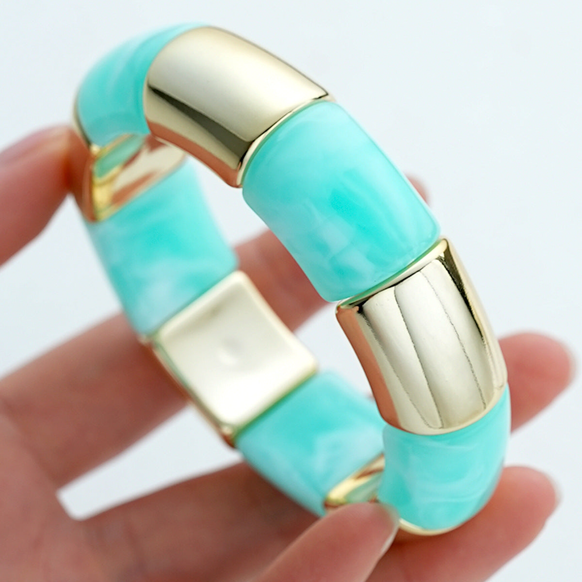 Bohemian Light Green Acrylic Bamboo Tube Bangle With Electroplated Splicing Design