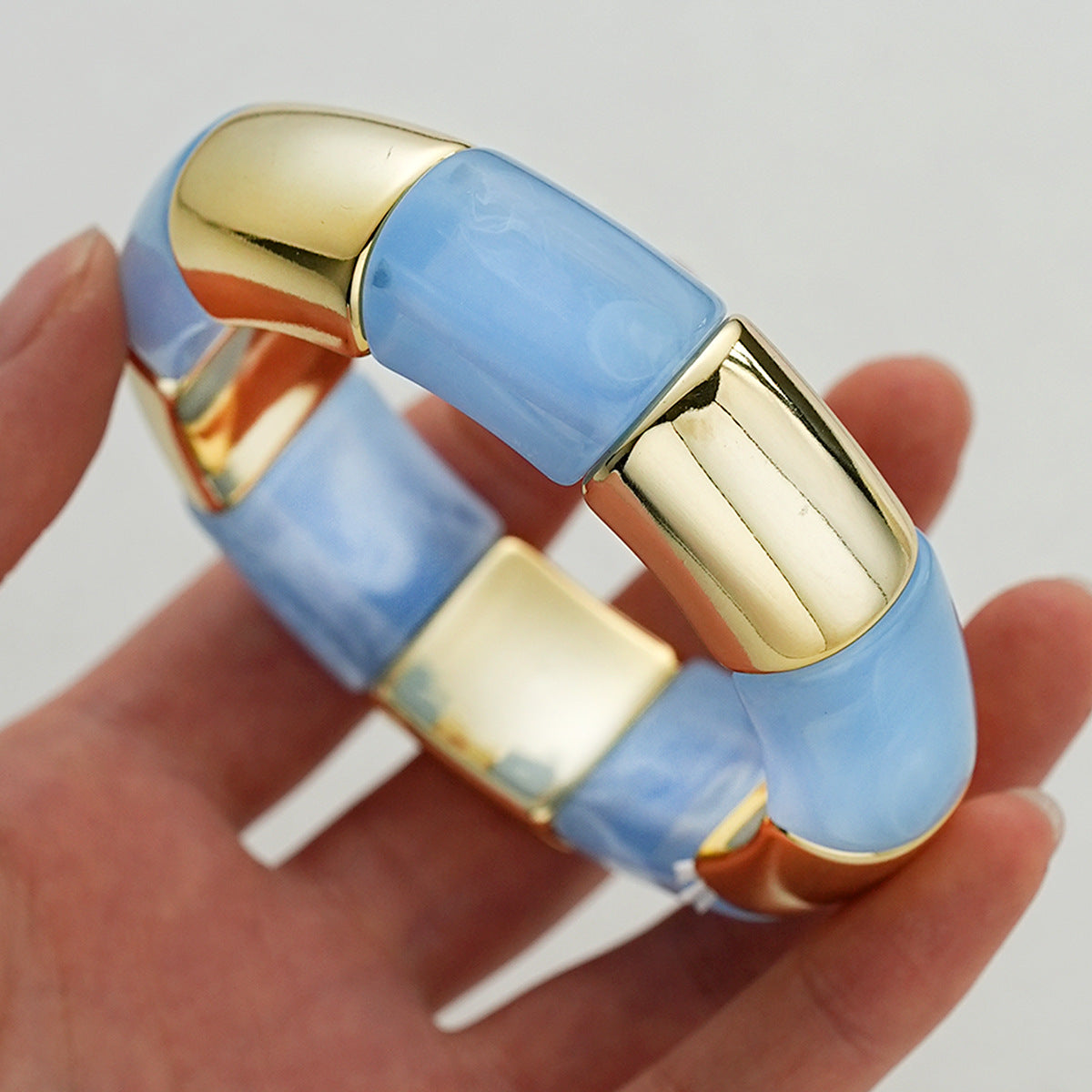 Bohemian Light Green Acrylic Bamboo Tube Bangle With Electroplated Splicing Design