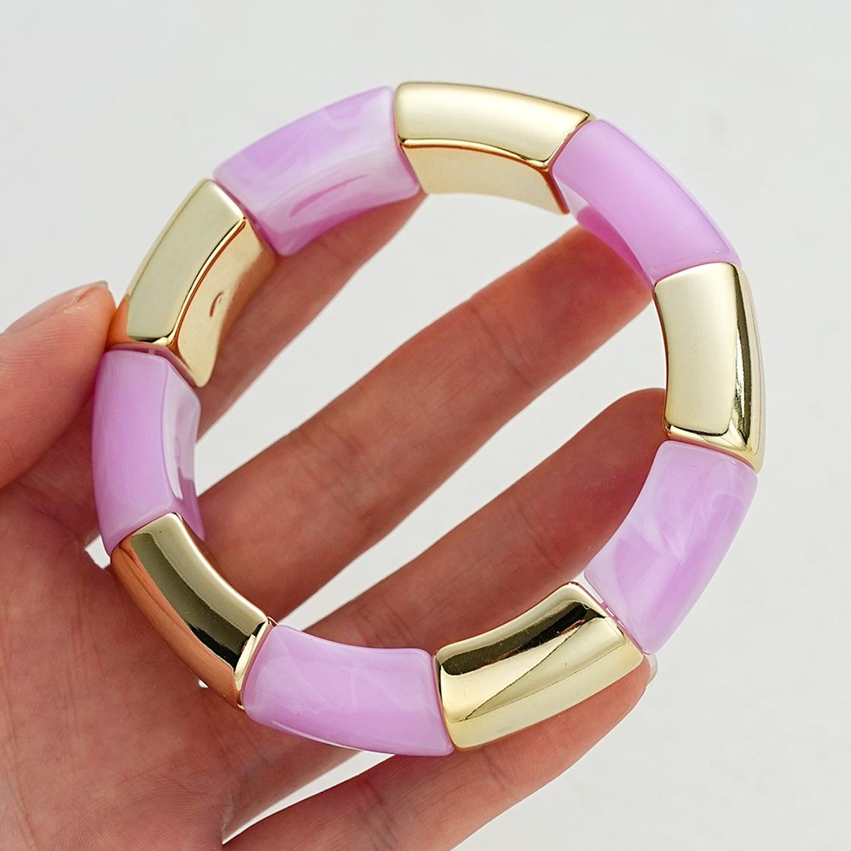 Bohemian Light Green Acrylic Bamboo Tube Bangle With Electroplated Splicing Design
