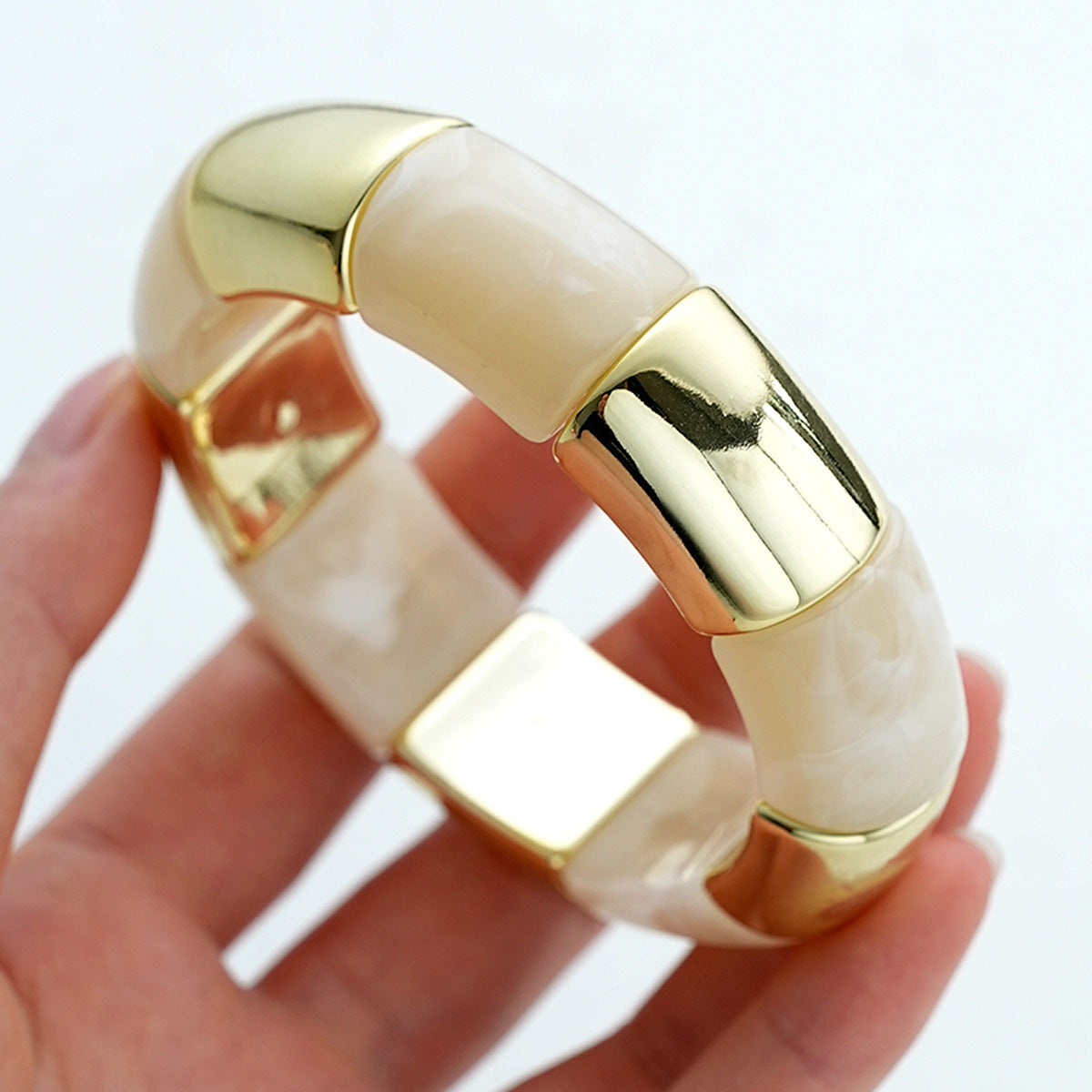Bohemian Light Green Acrylic Bamboo Tube Bangle With Electroplated Splicing Design