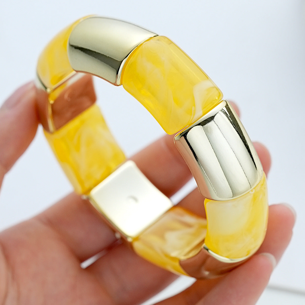 Bohemian Light Green Acrylic Bamboo Tube Bangle With Electroplated Splicing Design