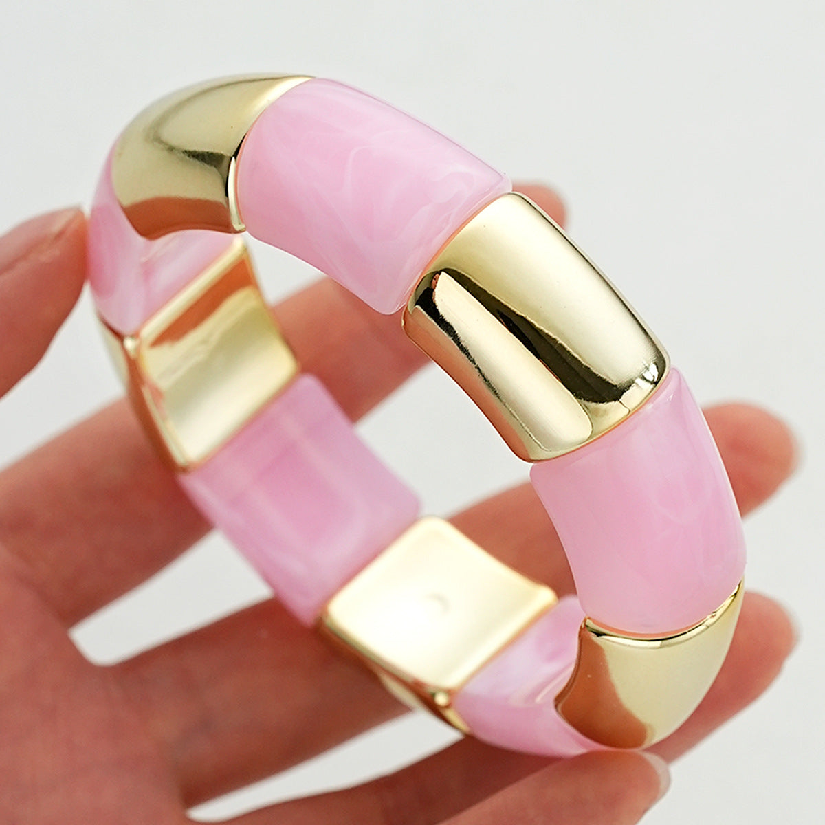 Bohemian Light Green Acrylic Bamboo Tube Bangle With Electroplated Splicing Design