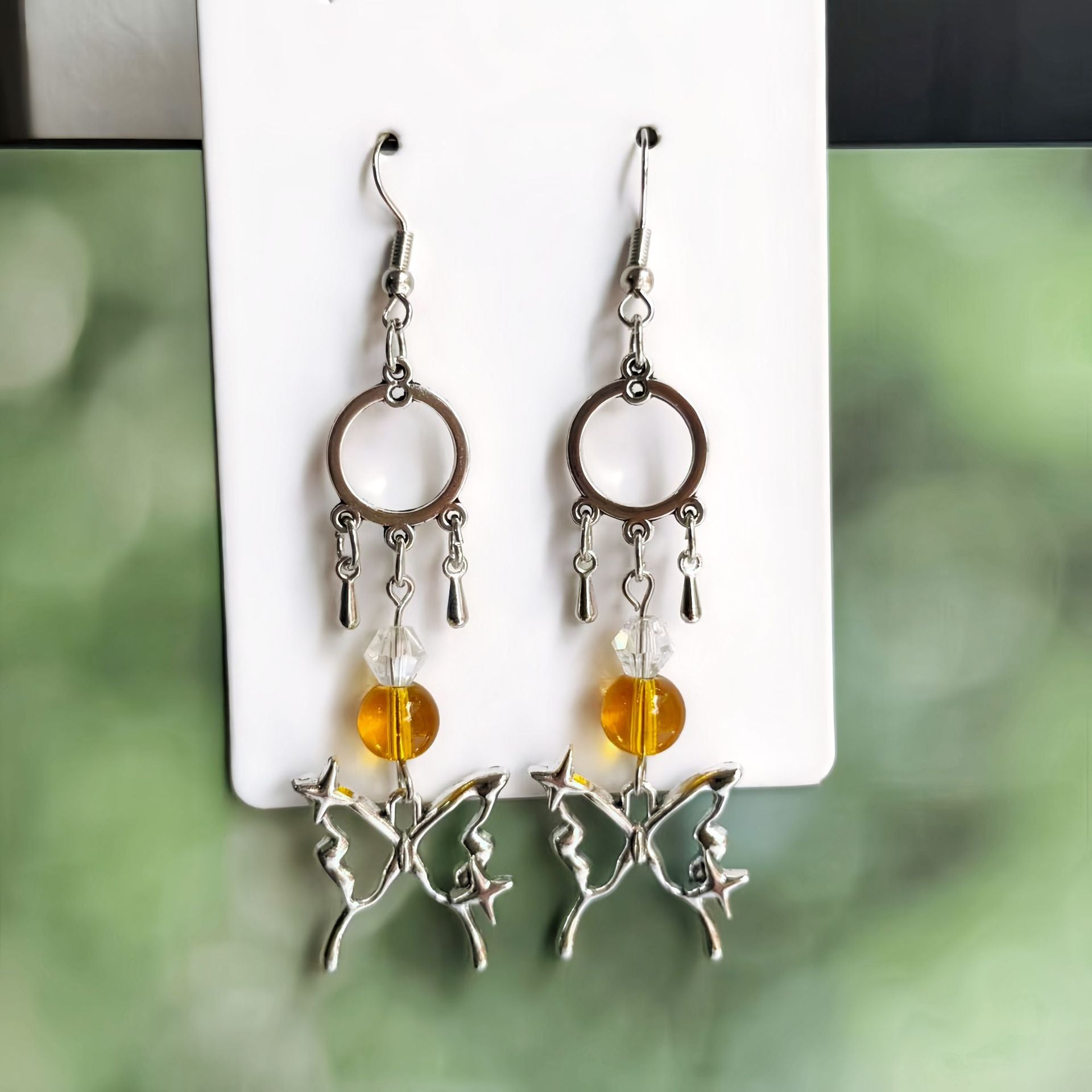Style Butterfly Tassel Earrings For Unisex In Yellow Alloy With Crystal Inlay