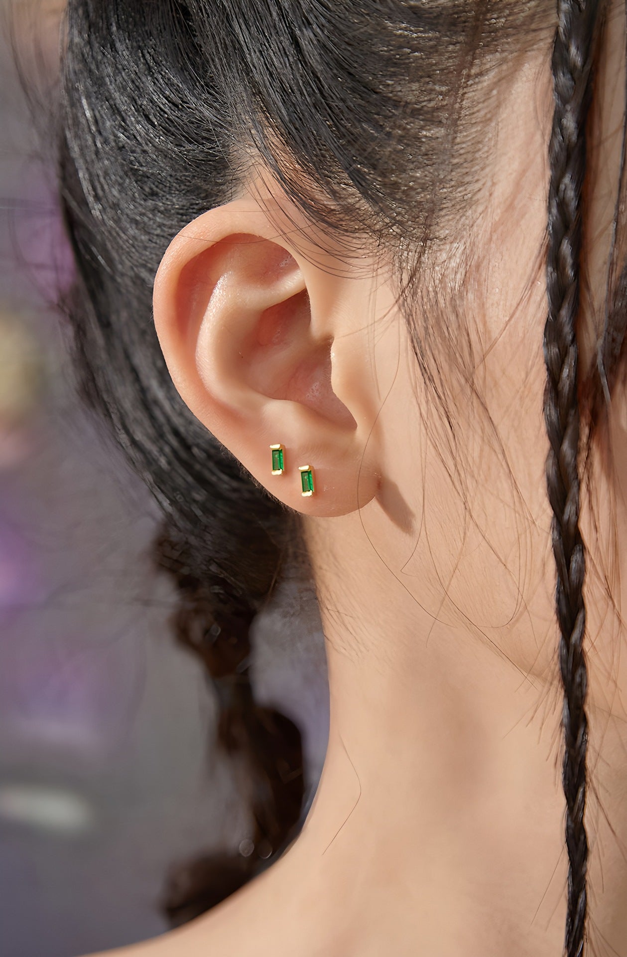 Geometric Stud Earrings For Women In Simple Style Featuring Copper Material With May Birthstone Emerald Inlay