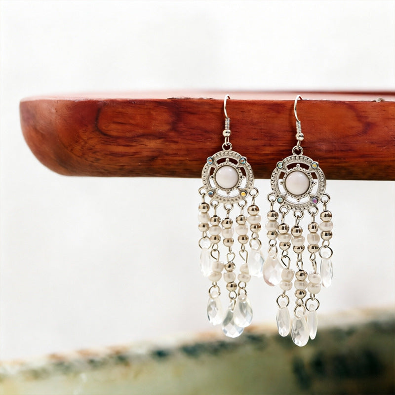 Bohemian Tassel Earrings For Women In White Zinc Alloy With Crystal Inlay