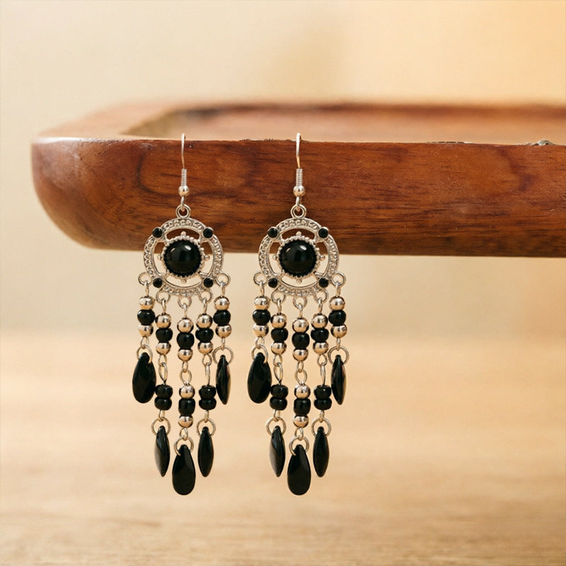 Bohemian Tassel Earrings For Women In White Zinc Alloy With Crystal Inlay