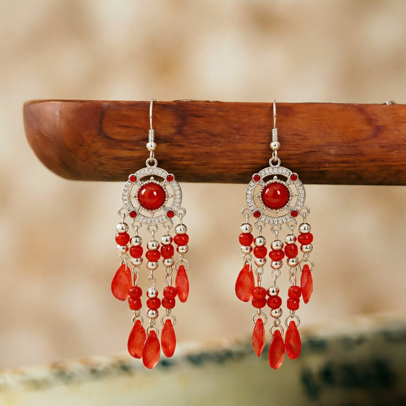 Bohemian Tassel Earrings For Women In White Zinc Alloy With Crystal Inlay