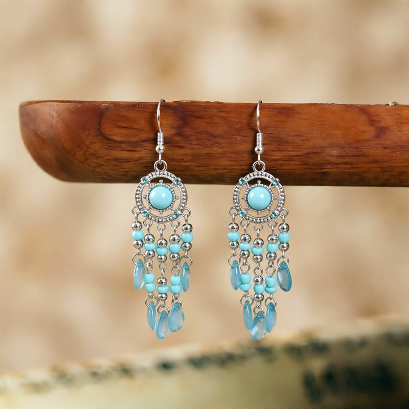 Bohemian Tassel Earrings For Women In White Zinc Alloy With Crystal Inlay