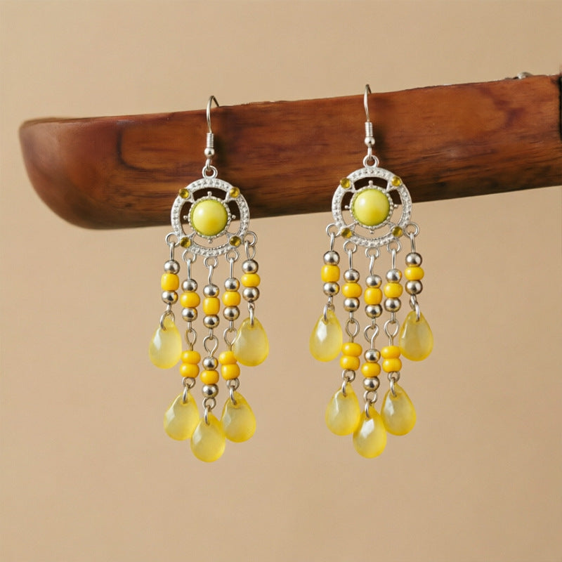 Bohemian Tassel Earrings For Women In White Zinc Alloy With Crystal Inlay