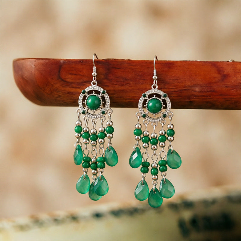 Bohemian Tassel Earrings For Women In White Zinc Alloy With Crystal Inlay
