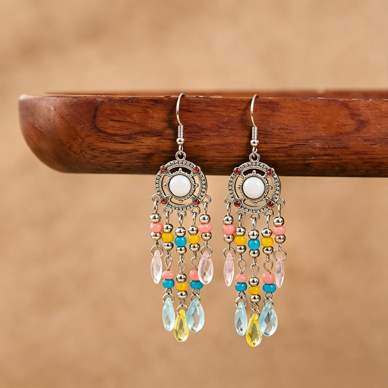 Bohemian Tassel Earrings For Women In White Zinc Alloy With Crystal Inlay