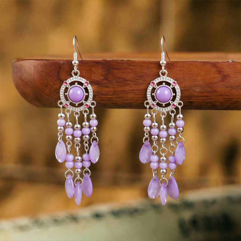 Bohemian Tassel Earrings For Women In White Zinc Alloy With Crystal Inlay