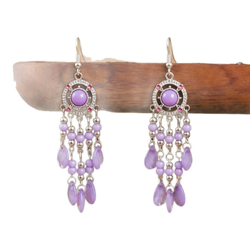 Bohemian Tassel Earrings For Women In White Zinc Alloy With Crystal Inlay