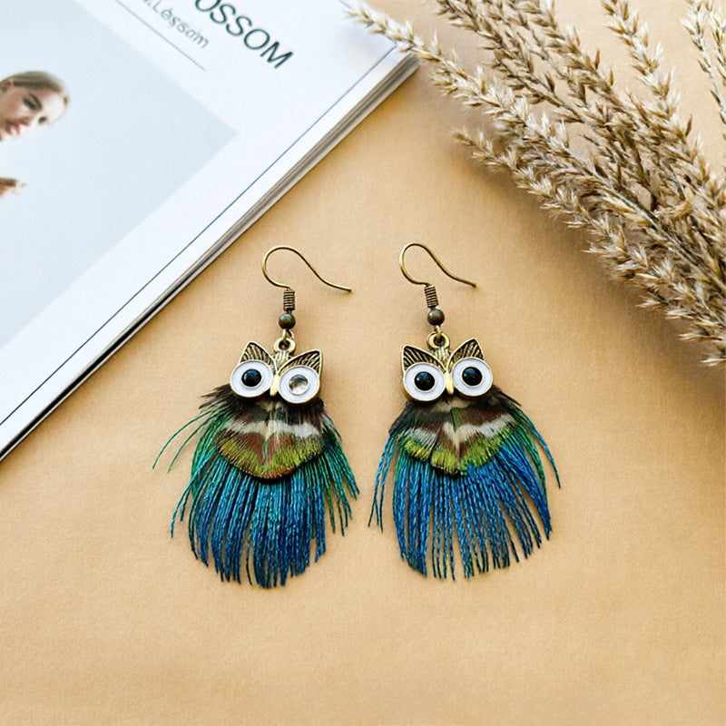 Bohemian Owl Tassel Feather Earrings For Women With Iron Ear Pins