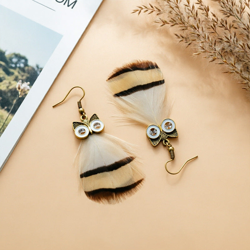 Bohemian Owl Tassel Feather Earrings For Women With Iron Ear Pins