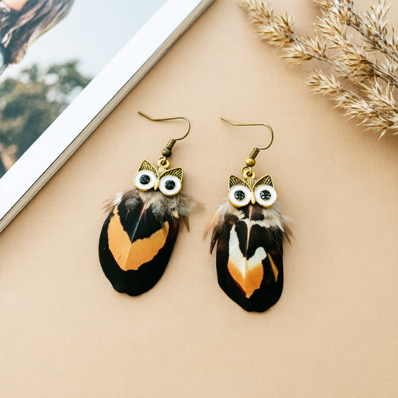 Bohemian Owl Tassel Feather Earrings For Women With Iron Ear Pins