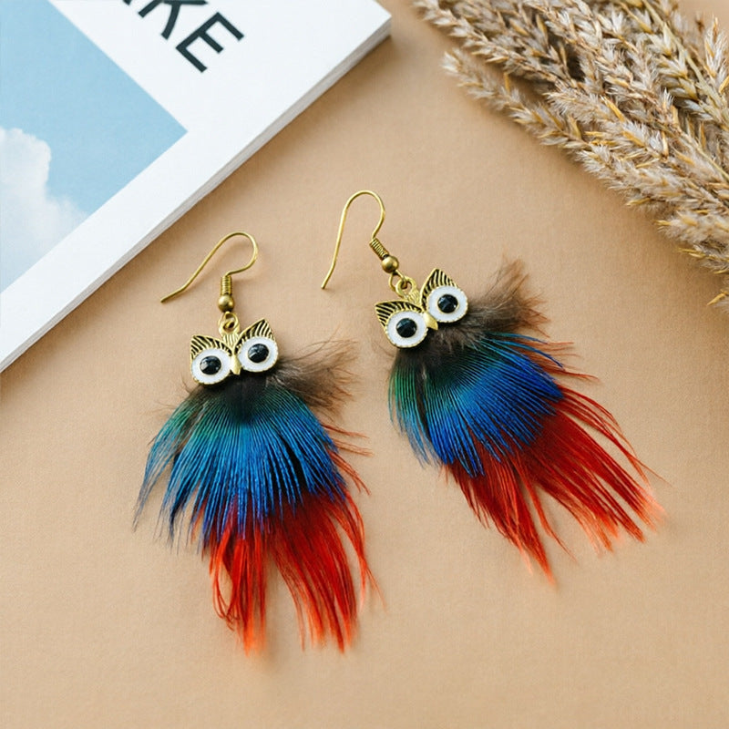 Bohemian Owl Tassel Feather Earrings For Women With Iron Ear Pins