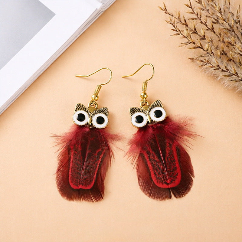 Bohemian Owl Tassel Feather Earrings For Women With Iron Ear Pins
