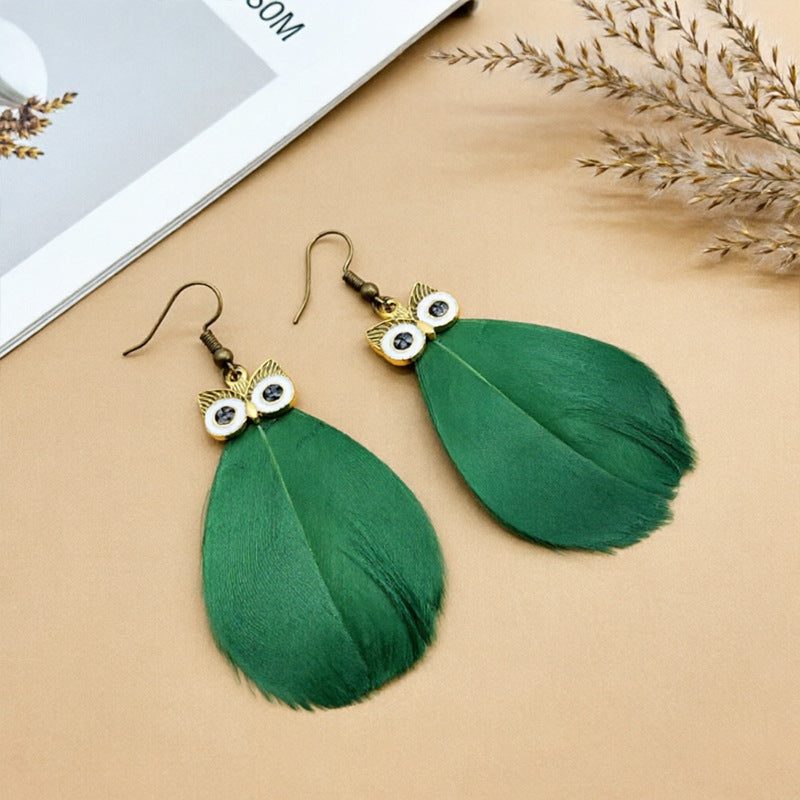 Bohemian Owl Tassel Feather Earrings For Women With Iron Ear Pins