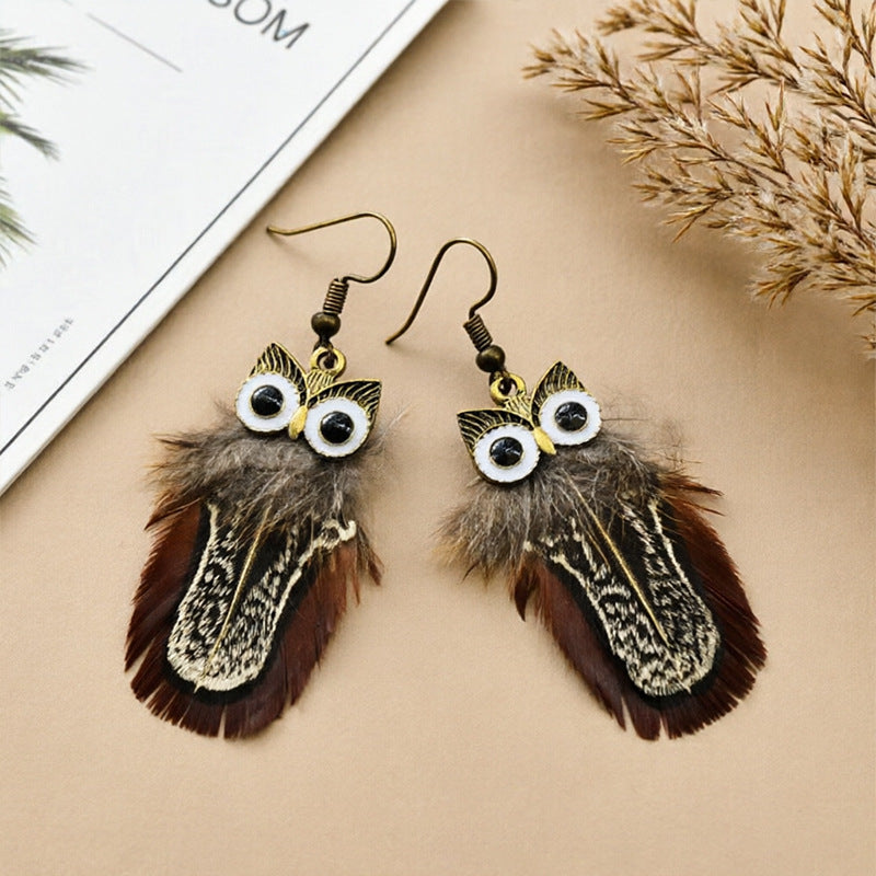 Bohemian Owl Tassel Feather Earrings For Women With Iron Ear Pins