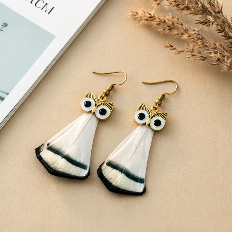Bohemian Owl Tassel Feather Earrings For Women With Iron Ear Pins