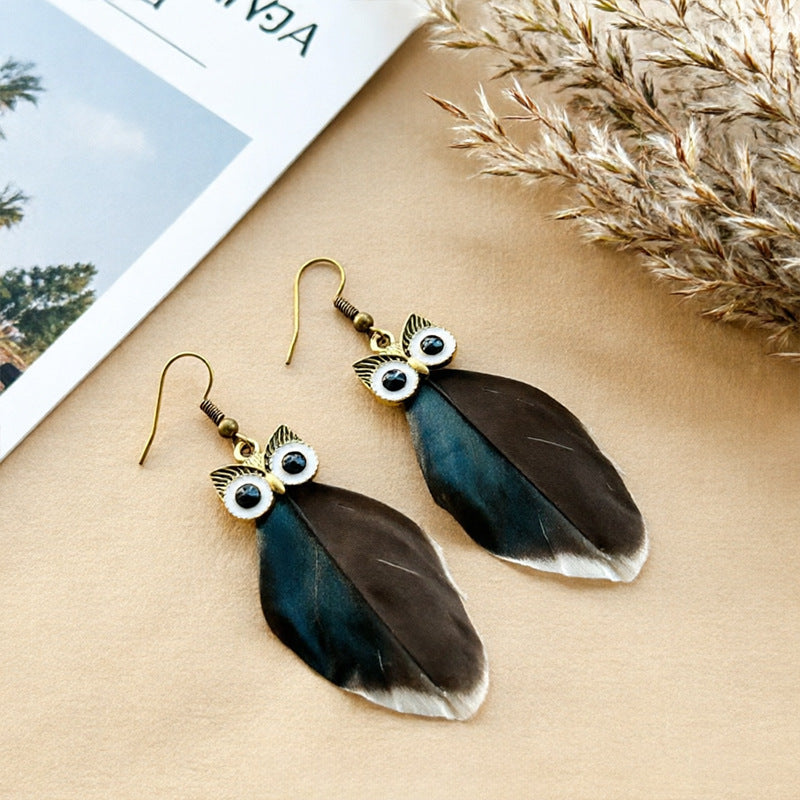 Bohemian Owl Tassel Feather Earrings For Women With Iron Ear Pins
