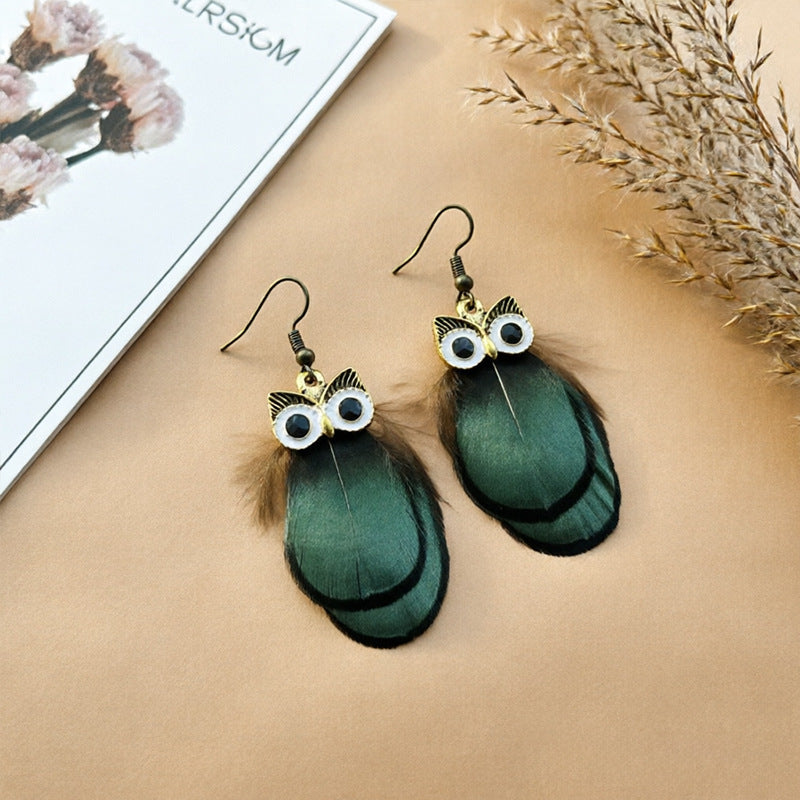 Bohemian Owl Tassel Feather Earrings For Women With Iron Ear Pins