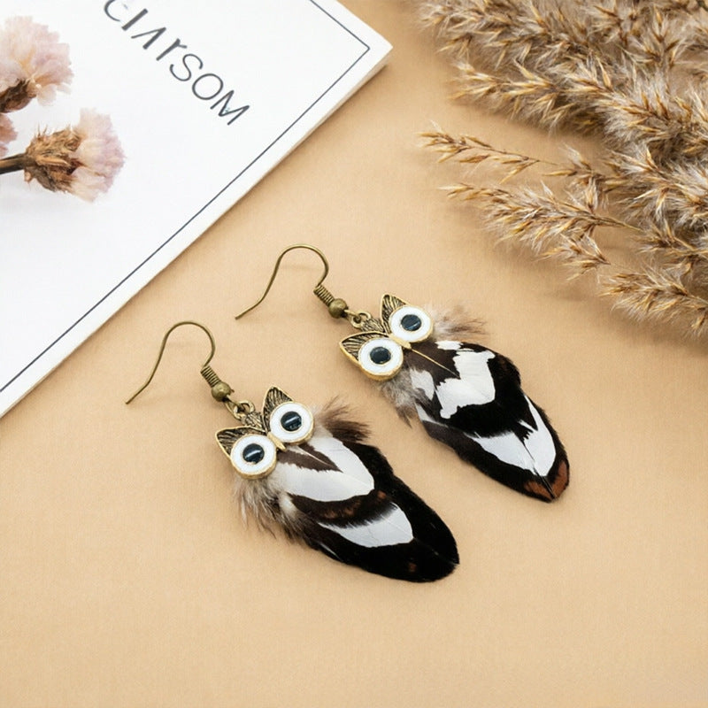 Bohemian Owl Tassel Feather Earrings For Women With Iron Ear Pins