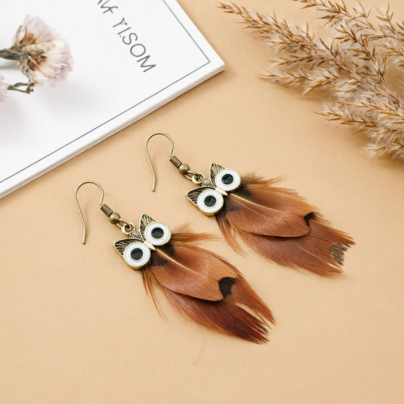 Bohemian Owl Tassel Feather Earrings For Women With Iron Ear Pins