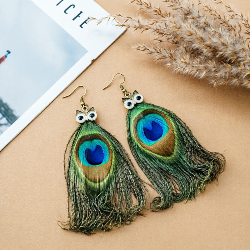 Bohemian Owl Tassel Feather Earrings For Women With Iron Ear Pins