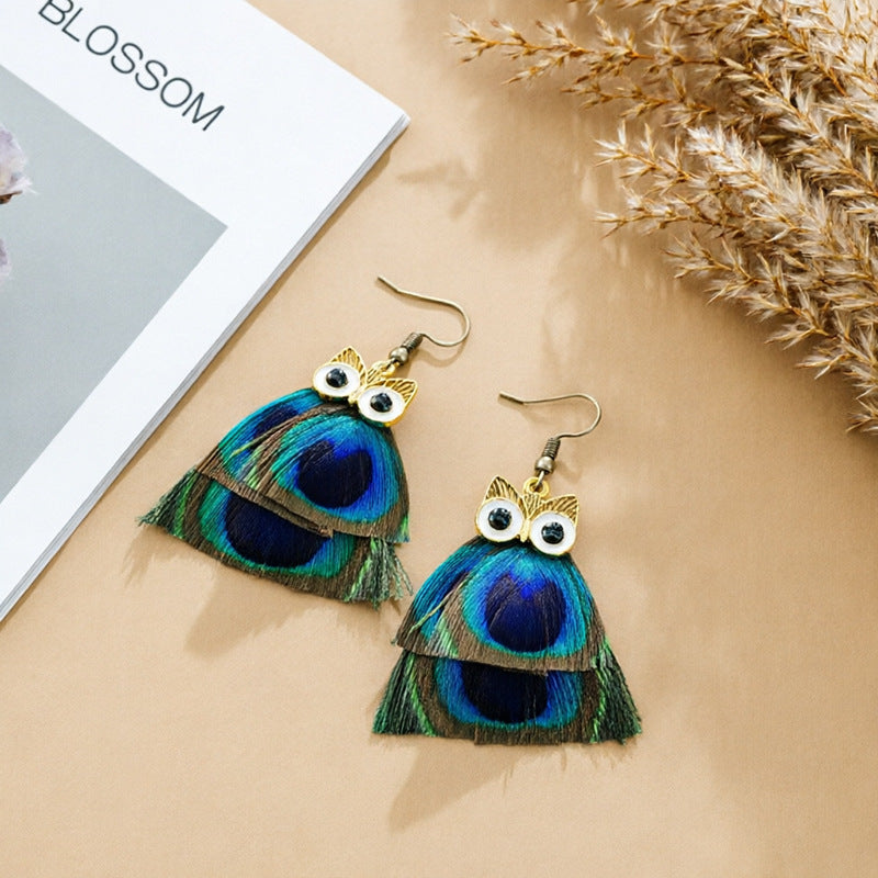 Bohemian Owl Tassel Feather Earrings For Women With Iron Ear Pins