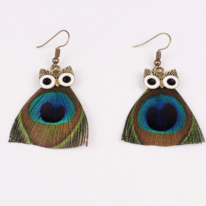 Bohemian Owl Tassel Feather Earrings For Women With Iron Ear Pins