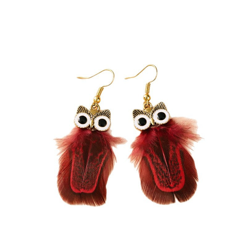 Bohemian Owl Tassel Feather Earrings For Women With Iron Ear Pins