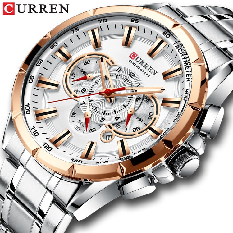 Men's Quartz Watch With Stainless Steel Strap And Pin Buckle Featuring Round Dial And Tempered Glass Mirror