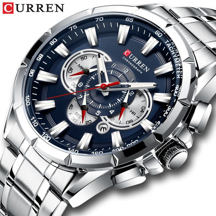 Men's Quartz Watch With Stainless Steel Strap And Pin Buckle Featuring Round Dial And Tempered Glass Mirror