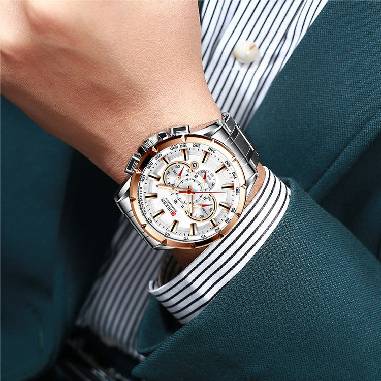Men's Quartz Watch With Stainless Steel Strap And Pin Buckle Featuring Round Dial And Tempered Glass Mirror