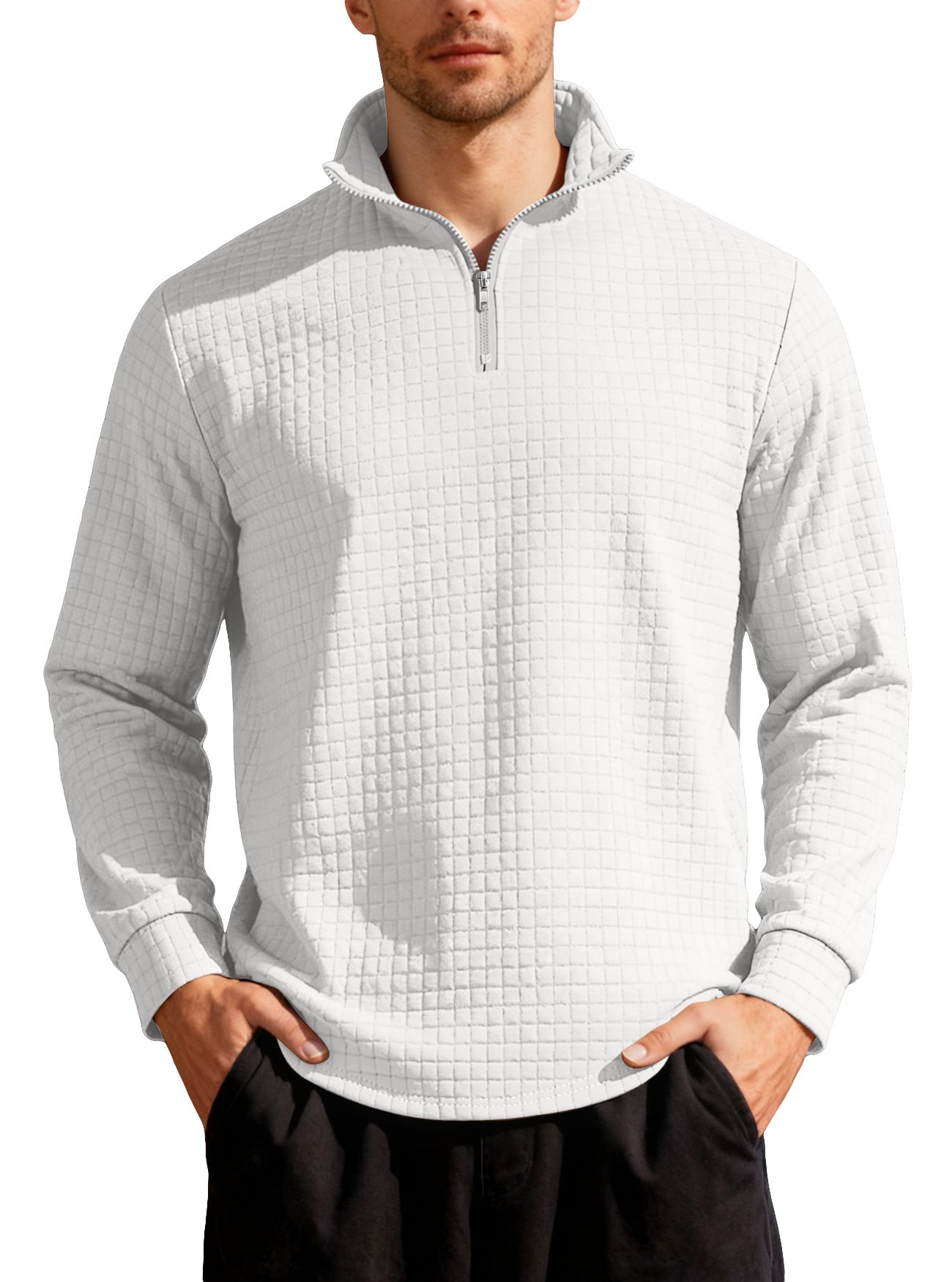 Men's Business Gingham Long Sleeve Hoodie In White Polyester
